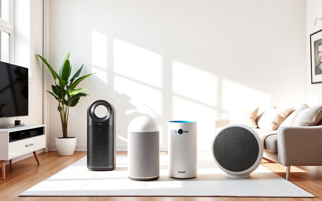 Four air purifiers in a bright minimalist living room