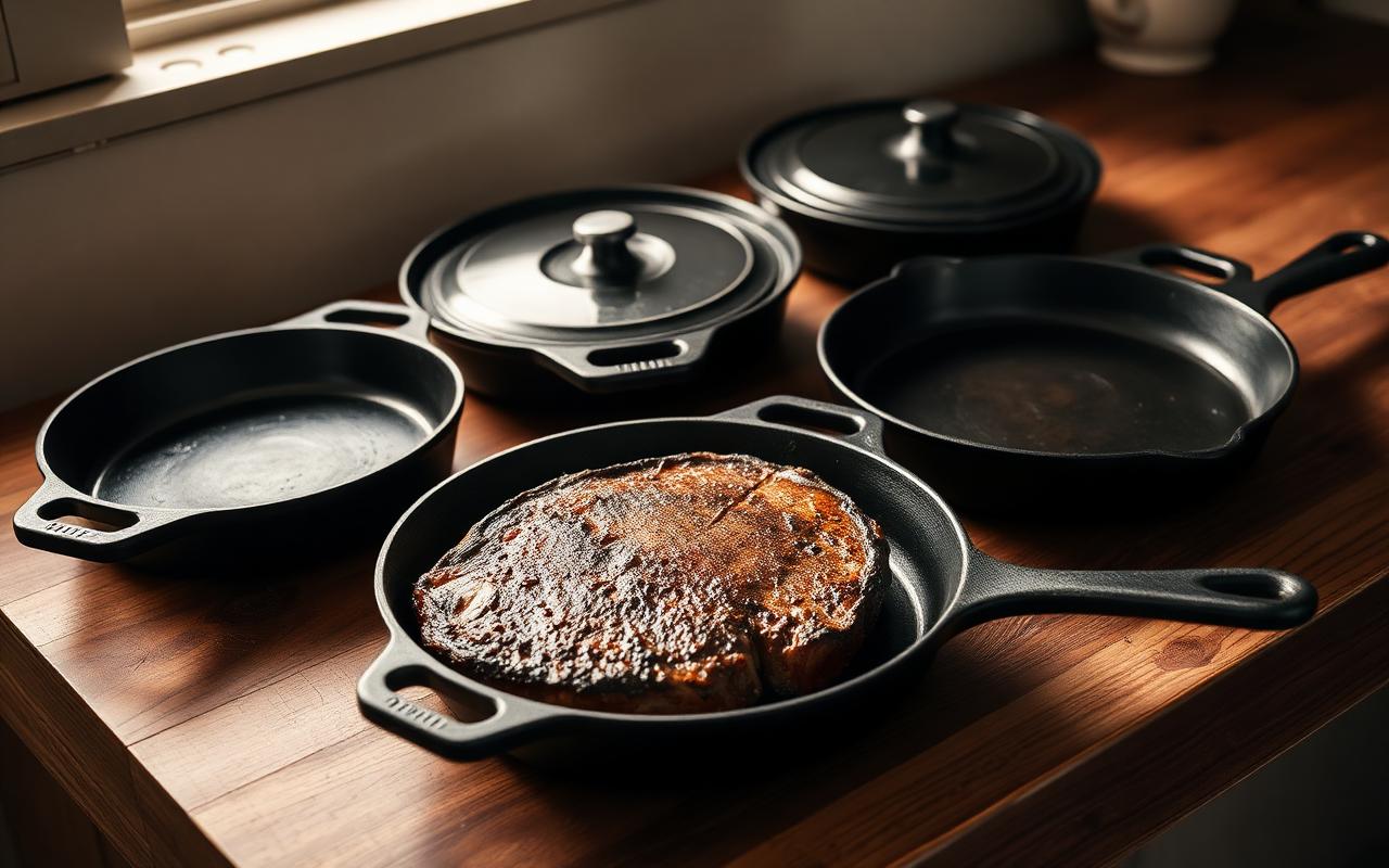 Four black cast iron skillets on a rustic wood counter, one with seared steak