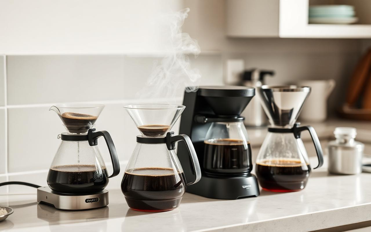 Four drip coffee makers brewing on a kitchen counter