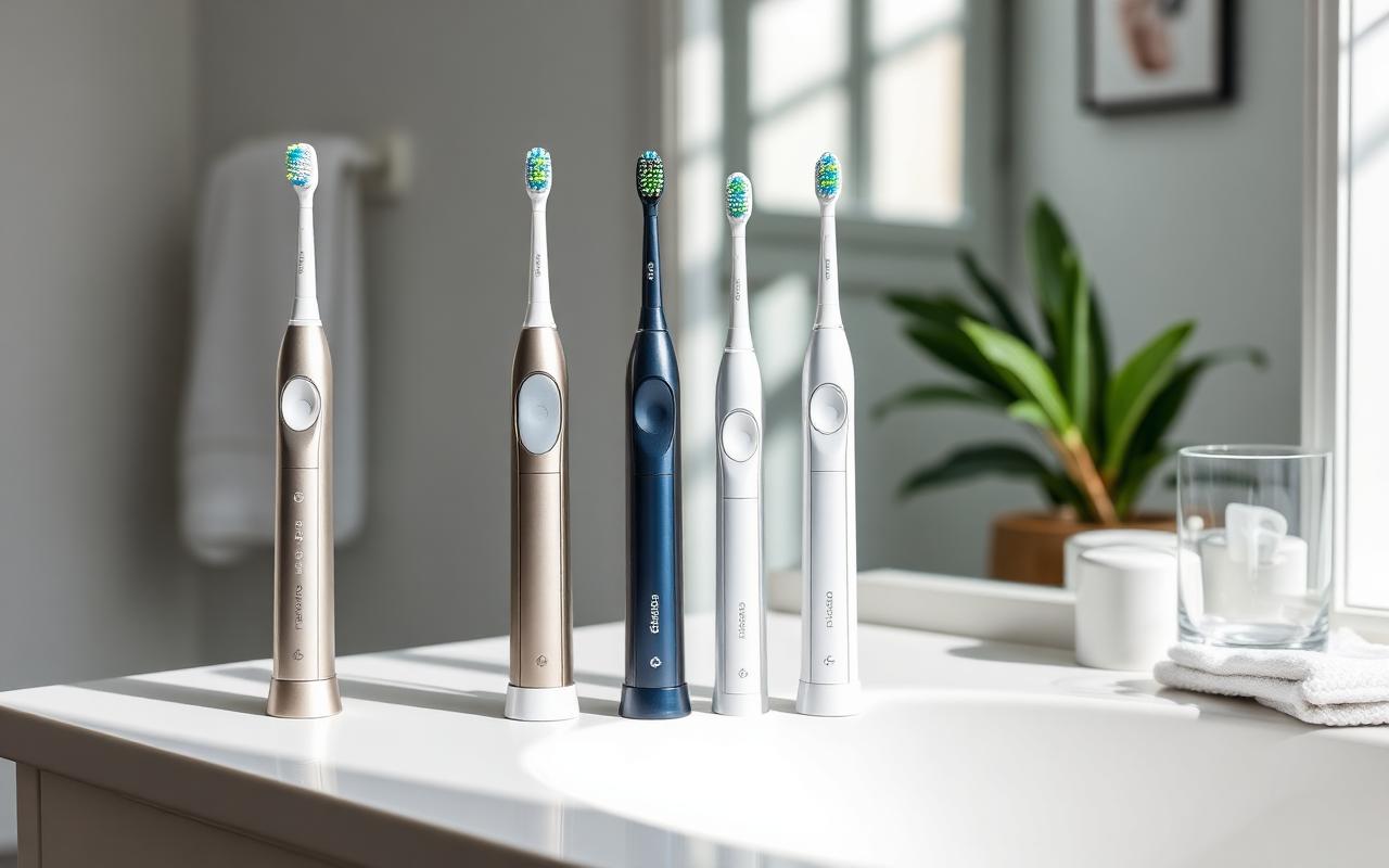 Four electric toothbrushes standing on a bathroom counter