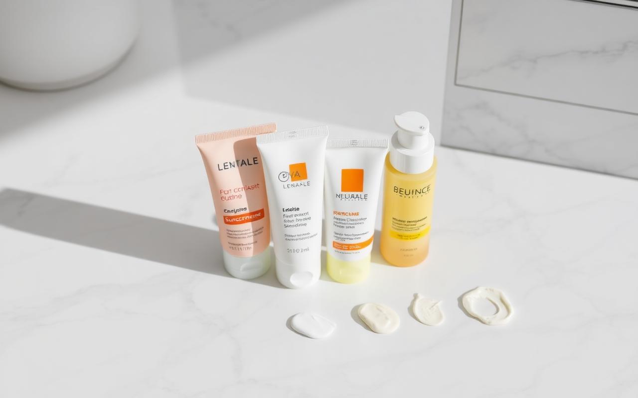 Four face sunscreens on a marble vanity with cream swatches
