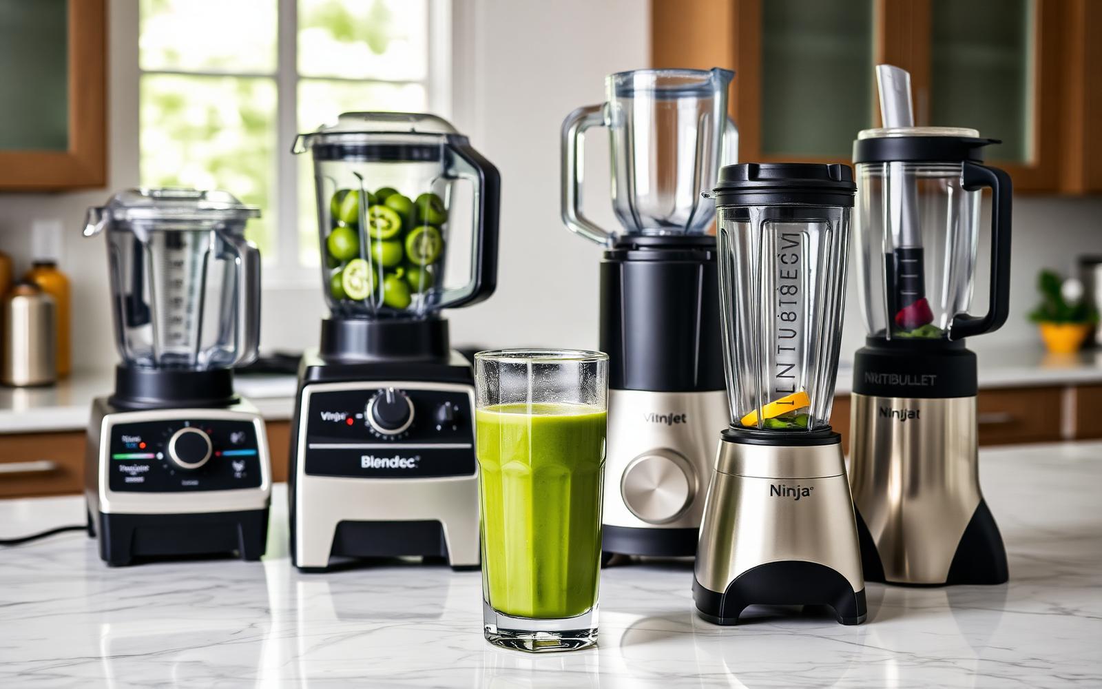 Four high-performance blenders on a marble counter with a green smoothie