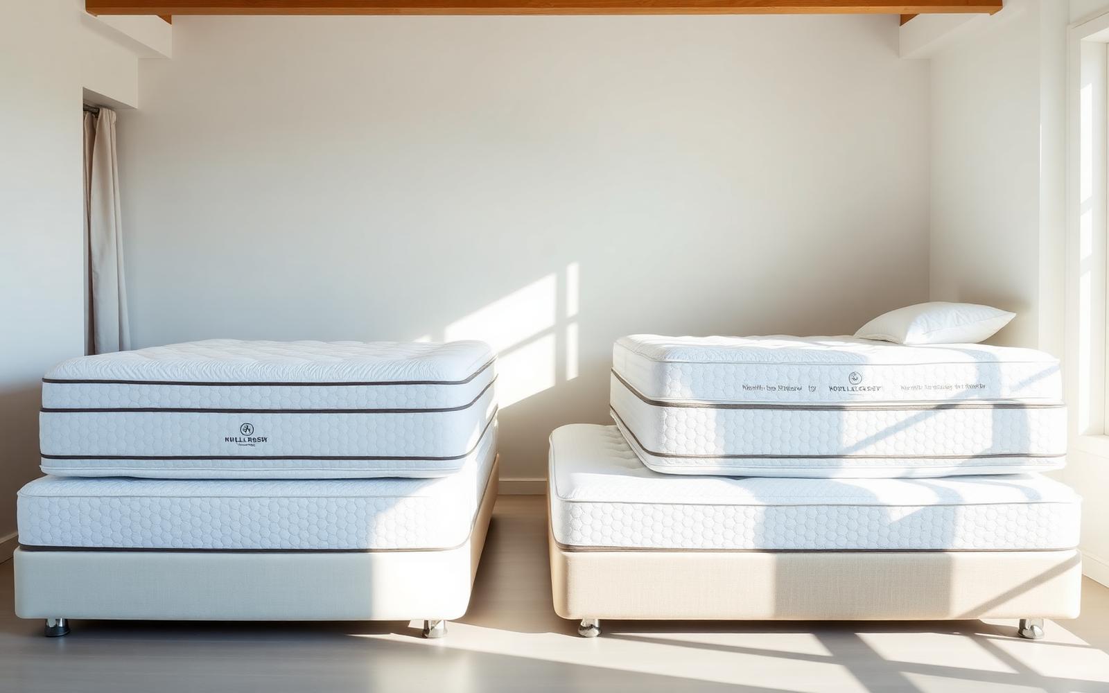 Four queen mattresses lined up in a sunlit bedroom showroom