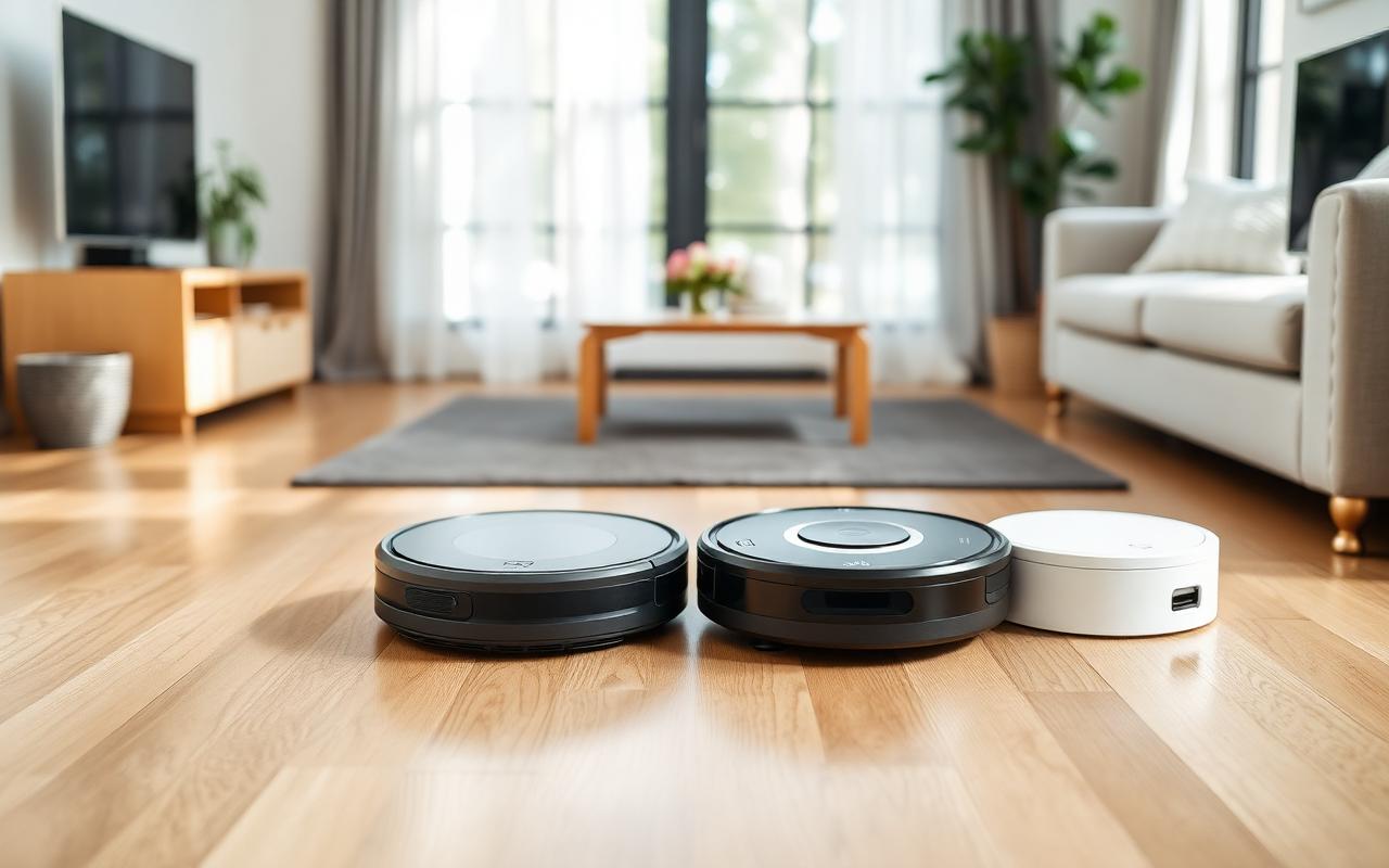 Four robot vacuums lined up on a hardwood floor for testing