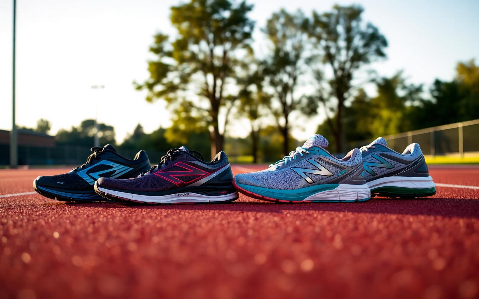 Four pairs of neutral running shoes on a running track at golden hour