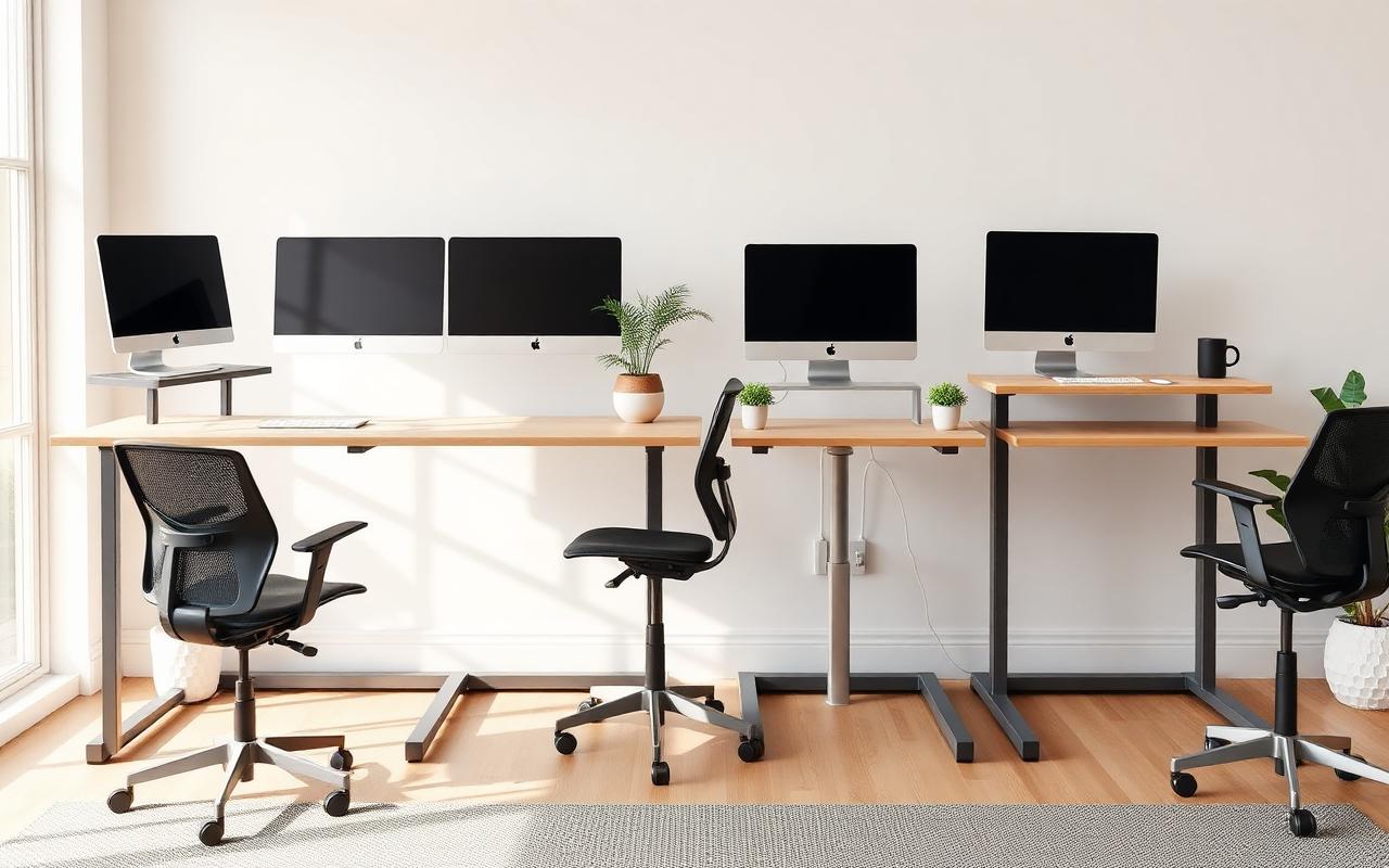 Four standing desks at different heights in a bright home office