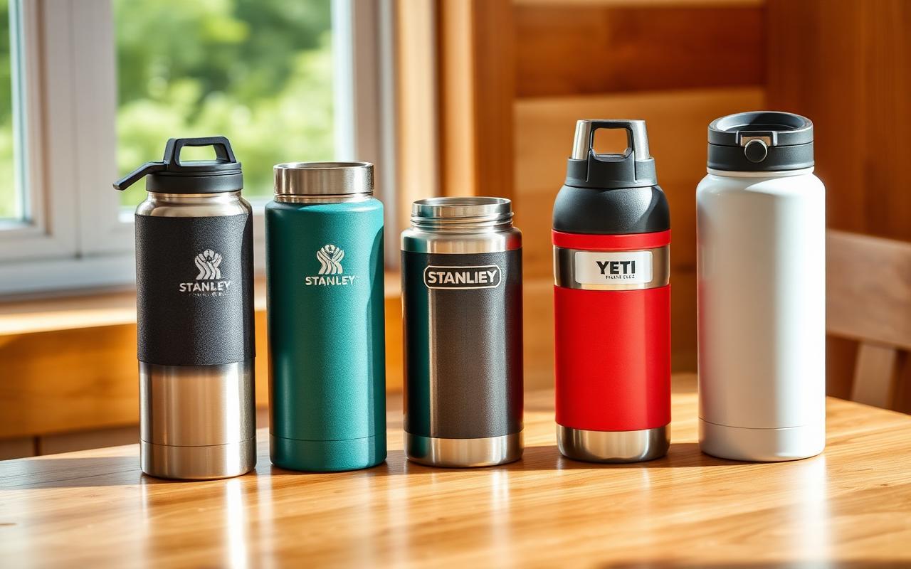 Four stainless steel water bottles lined up on a wooden table