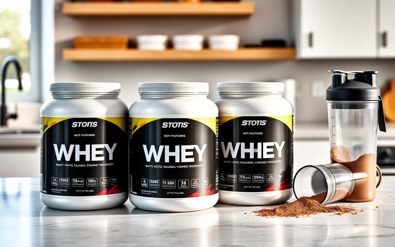 Four tubs of whey protein powder on a kitchen counter with a shaker bottle