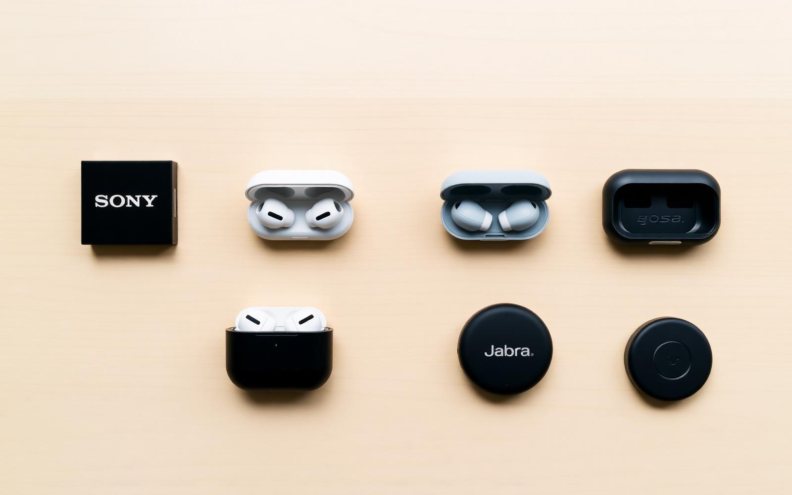 Four wireless earbud cases lined up on a wooden surface