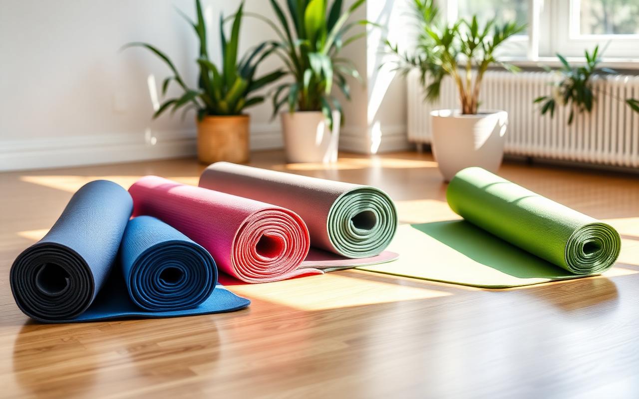 Four yoga mats rolled and unrolled on a sunlit studio floor